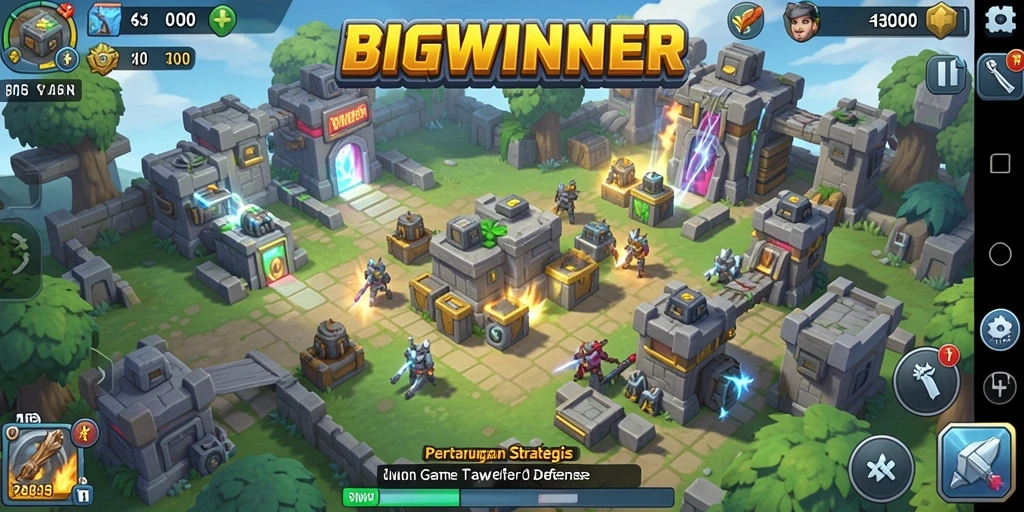 Screenshot gameplay BIGWINNER menampilkan pertempuran mendebarkan dalam Tower Defense.