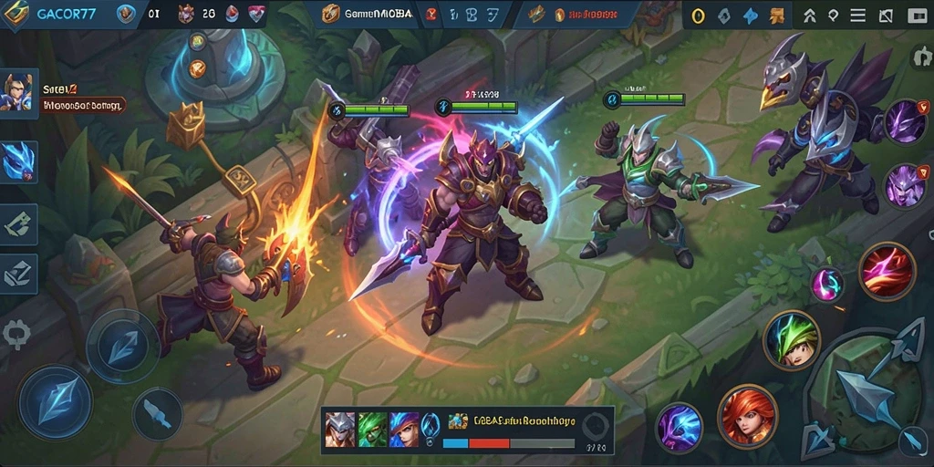 Tangkapan layar GACOR77 menunjukkan pertempuran epik di arena MOBA.