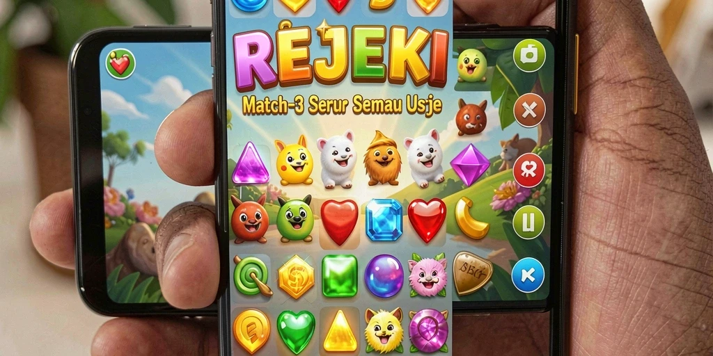 Screenshot gameplay REJEKI yang menunjukkan keseruan mencocokkan permata.