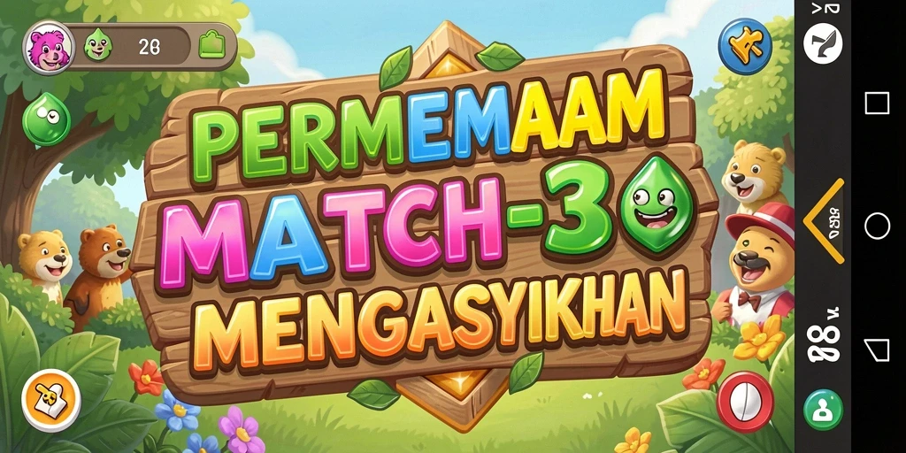 Screenshot V98 menampilkan gameplay seru dan penuh warna di Match-3.
