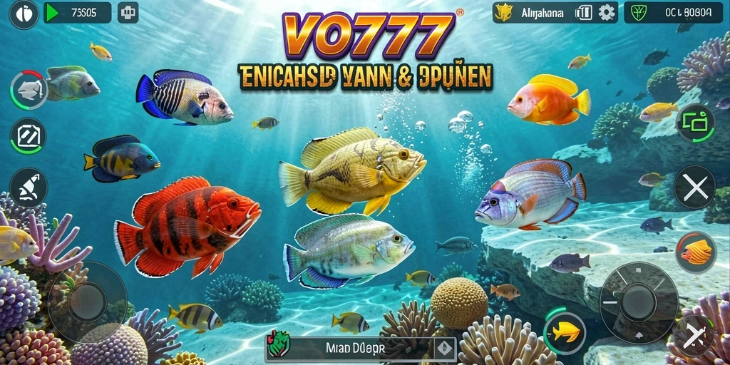 Tampilan gameplay VO777 saat menembak ikan yang berwarna-warni.